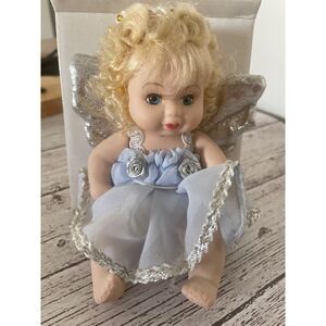Angel Girls Porcelain Baby Doll 5 3/4" Tall Blue Dress Silver Wings Blonde Hair